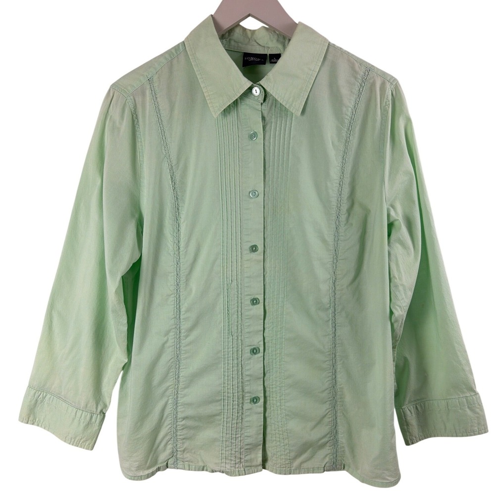 Sonoma Life Style Mint Green Pintuck Lace 100% Cotton Button Down Shirt Sz L